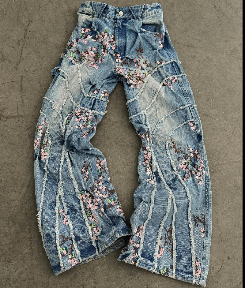 Badson Cherry Blossom Overgrowth Denim Pants 1.webp